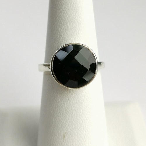 Black Onyx Checkerboard Cut Ring in Sterling Silver size 6