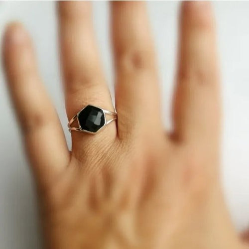 Geometric Black Onyx Ring in Sterling Silver