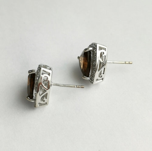 Smoky Quartz White Sapphire Halo Stud Earrings