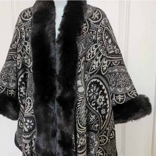 Paisley Black Cape with Faux Fur Trim one size