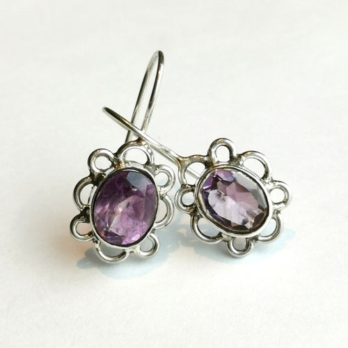 Amethyst Flower Drop Earrings in Sterling Silver