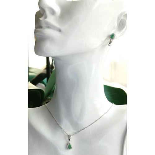 Pear Cut Emerald with Diamond Halo Necklace Earring Set