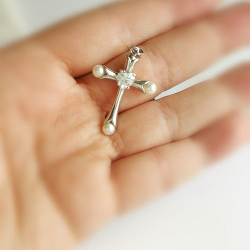 White Pearl CZ Cross Pendant in Sterling Silver