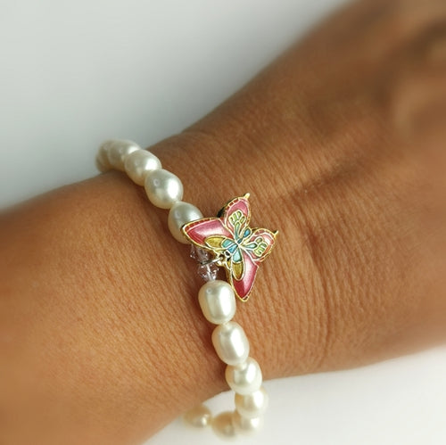 White Freshwater Pearl Bracelet Pink Cloisonne Enamel Butterfly