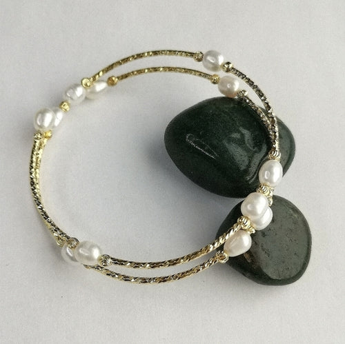 White Freshwater Pearl Gold Fill Bangle Wraparound Bracelet