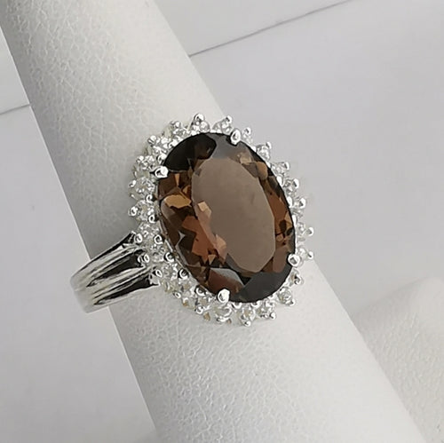 Smokey Topaz  / Smoky Quartz White Sapphire Halo Ring size 7