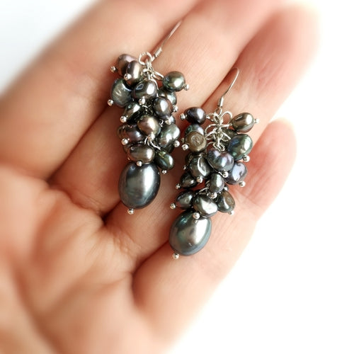 Peacock Grey Freshwater Pearl Grape Cluster Dangle Earrings