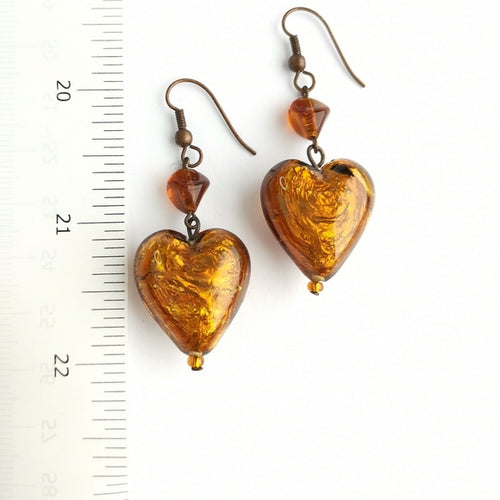 Vintage 90s Murano Amber Glass Hearts Earrings