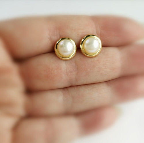 White Cultured Pearl Stud Earrings in 14k Gold Vermeil