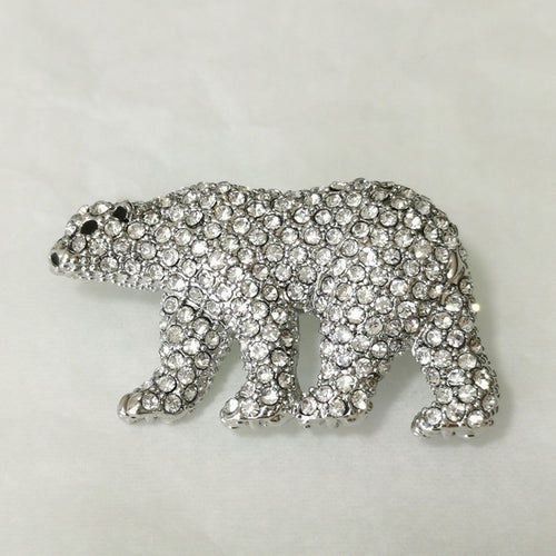 Crystal Polar Bear Brooch in Silver Tone