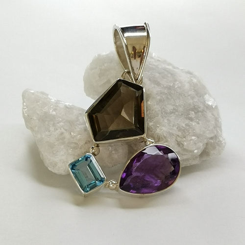 Smoky and BlueTopaz, Amethyst Pendant in Sterling Silver