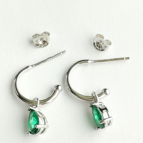 Sterling Silver Hoop Earrings with Emerald Teardrop Charms