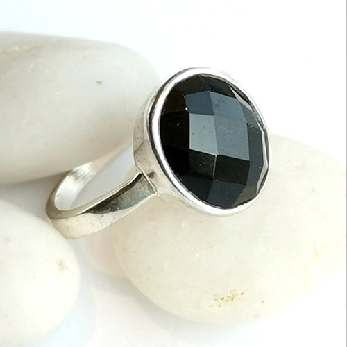 Black Onyx Checkerboard Cut Ring in Sterling Silver size 6