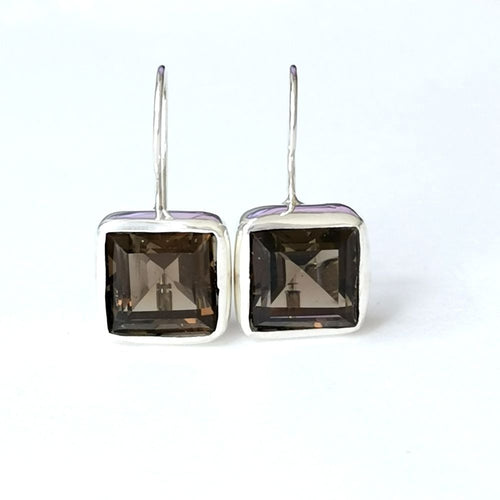 Smoky Topaz Quartz Square Cut Earrings in Sterling Silver