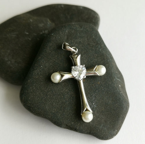 White Pearl CZ Cross Pendant in Sterling Silver