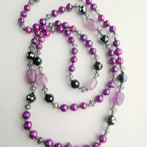 Feshwater Purple Pearl, Amethyst and Crystal Rope Necklace