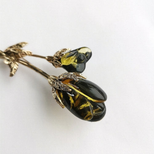 Vintage Faux Amber Tulip Brooch in Gold Tone