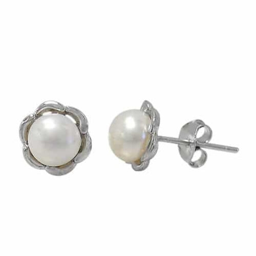 "Pearl in Petals" White Freshwater Pearl Stud Earrings