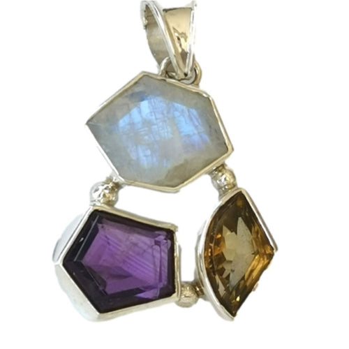 Modernist Freeform Moonstone Amethyst Citrine Pendant in Sterling Silver