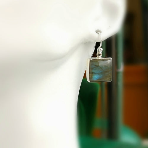 Modernist Labradorite Square Dangle Earrings in Sterling Silver