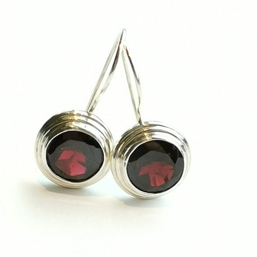 Round Cut Garnet Drop Earrings in Sterling Silver