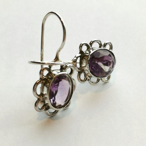 Amethyst Flower Drop Earrings in Sterling Silver