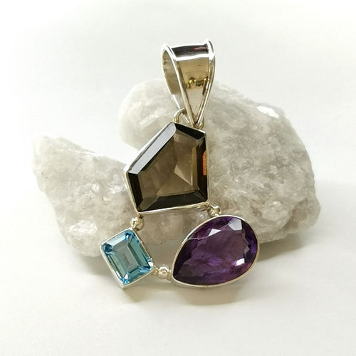 Smoky and BlueTopaz, Amethyst Pendant in Sterling Silver