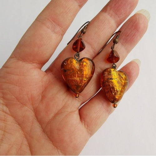 Murano Amber Glass Heart Necklace Earring Set