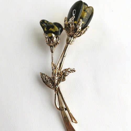 Vintage Faux Amber Tulip Brooch in Gold Tone