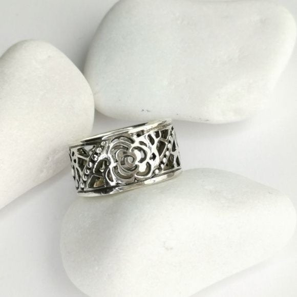 Sterling Silver Tudor Rose Flower Garden Filigree Ring