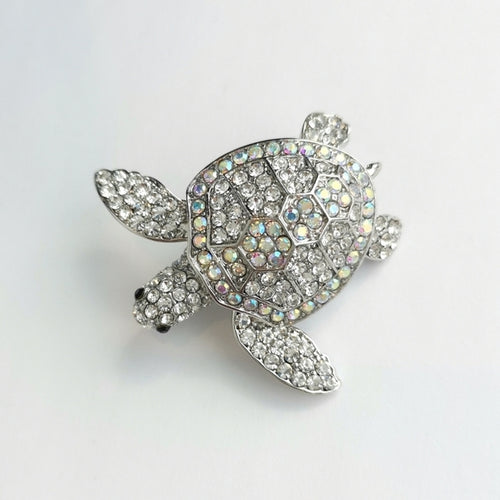 Crystal Sea Turtle Brooch / Pendant in Silver Tone