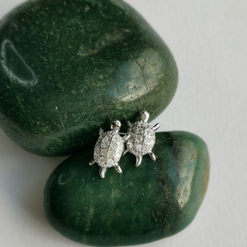 Small Turtle Stud Earrings CZ Pave in Sterling Silver