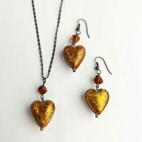 Murano Amber Glass Heart Necklace Earring Set