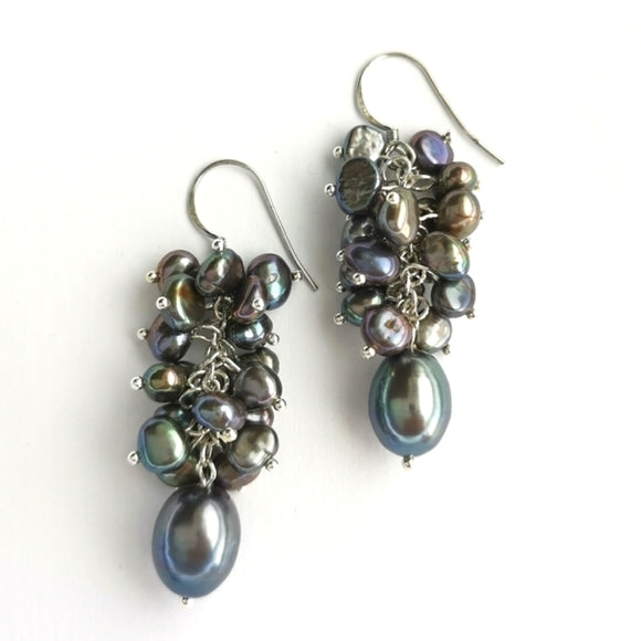 Peacock Grey Freshwater Pearl Grape Cluster Dangle Earrings