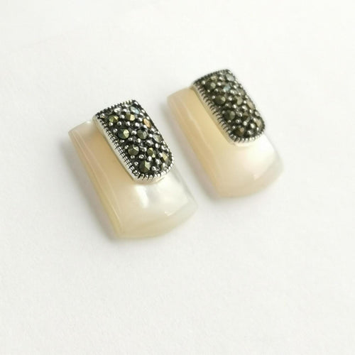 Mother of Pearl Marcasite Art Deco Earrings in Sterling Silver