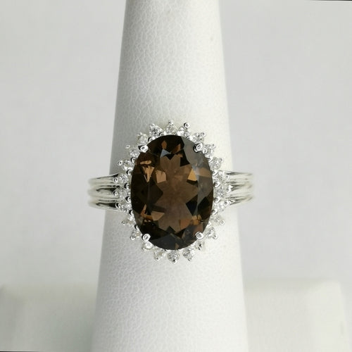 Smokey Topaz  / Smoky Quartz White Sapphire Halo Ring size 7