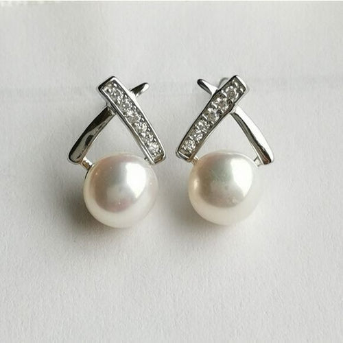 Cultured White Freshwater Pearl and White Sapphire Earrings