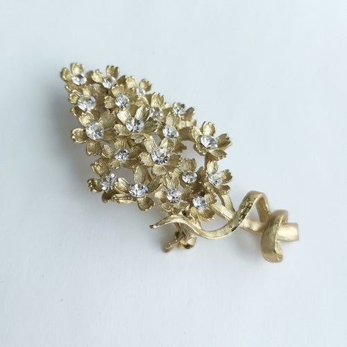 Vintage Lilac Blossom Flower Brooch  in Crystals and Gold Tone