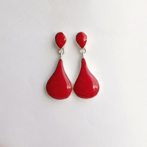 Teardrop Red Sponge Coral Earrings in Sterling Silver