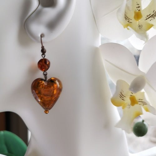 Vintage 90s Murano Amber Glass Hearts Earrings