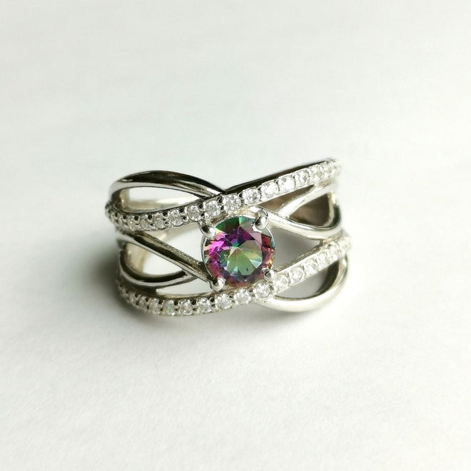 Mystic Topaz and White Sapphire "Waves" Band Ring in Sterling Silver