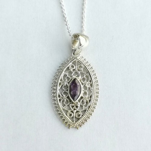 Sterling Silver Filigree Pendant Necklace with Amethyst