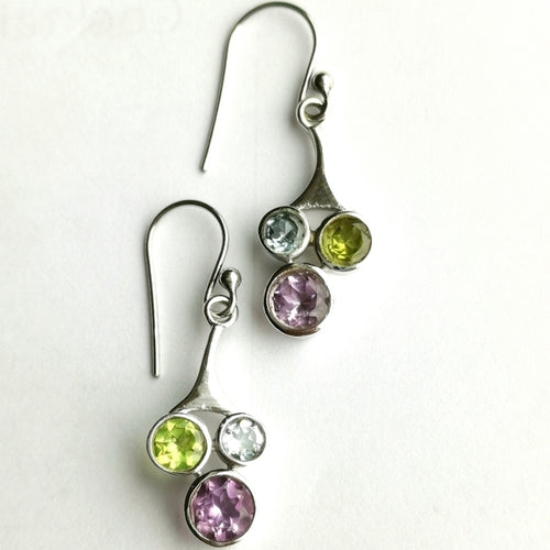 Tri Gemstone Earrings: Blue Topaz, Amethyst, Peridot.