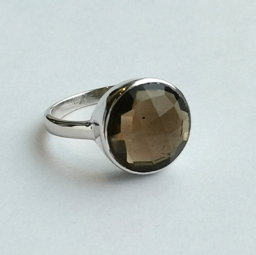 Checkerboard Cut Smoky Quartz Ring in Sterling Silver