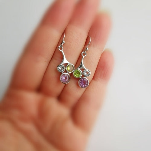 Tri Gemstone Earrings: Blue Topaz, Amethyst, Peridot.