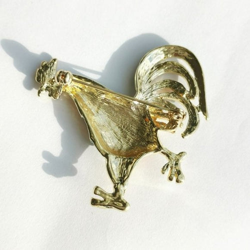 Golden Yellow Enamel and Crystal Rooster Brooch