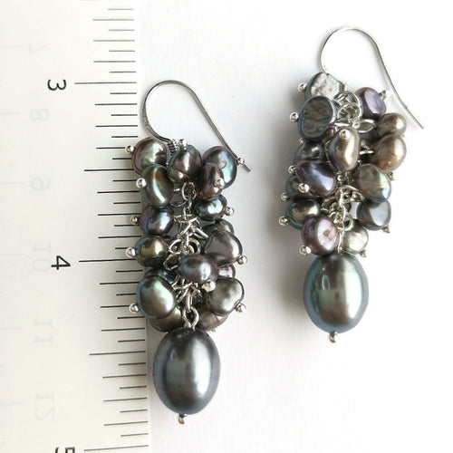 Peacock Grey Freshwater Pearl Grape Cluster Dangle Earrings