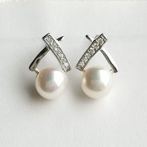 Cultured White Freshwater Pearl and White Sapphire Earrings