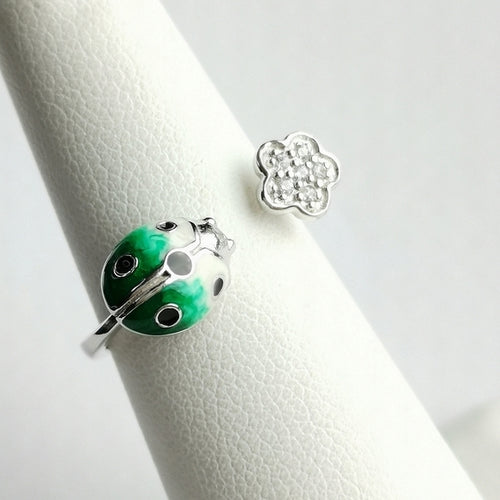 Ladybug Ring in Enamel and CZ Flower in Sterling Silver size 7