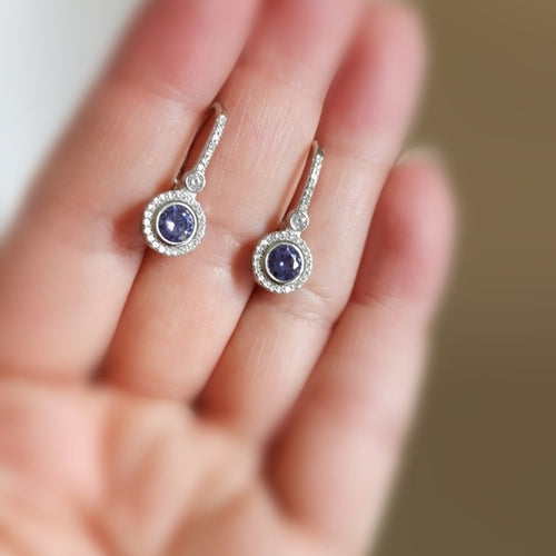 Tanzanite CZ Halo Drop Earrings in Sterling Silver Lever Back